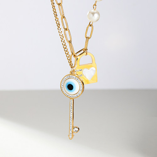 Modern Style Shiny Key Lock Stainless Steel  Plastic Plating Inlay Zircon 18K Gold Plated Pendant Necklace