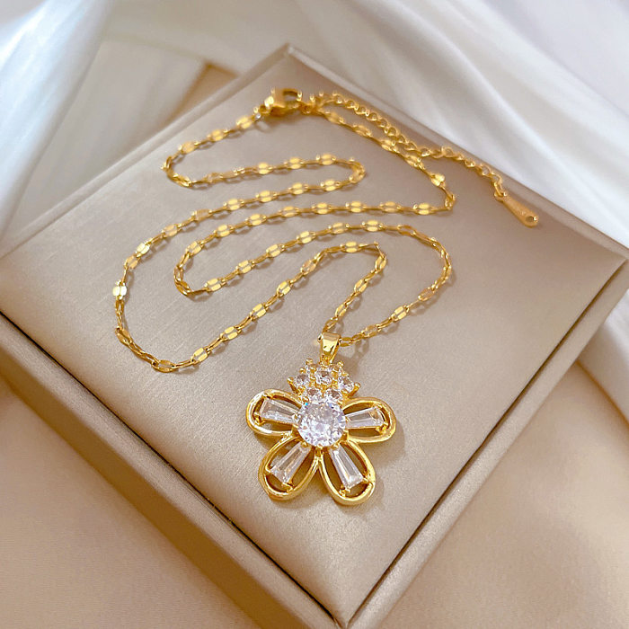 Süße Blumen-Anhänger-Halskette aus Edelstahl mit Kupfereinlage und künstlichen Edelsteinen