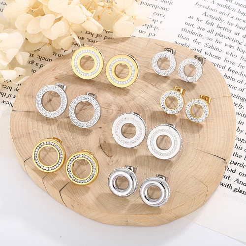 1 Pair Simple Style Round Solid Color Inlay Stainless Steel  Crystal Rhinestones Ear Studs