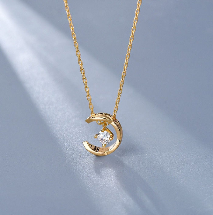 Fashion Moon Stainless Steel Gold Plated Rhinestones Pendant Necklace