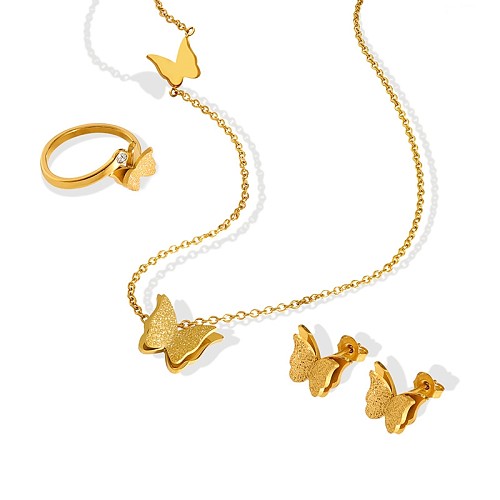 Collier pendentif papillon givré, boucles d'oreilles, bague, bijoux en acier inoxydable, à la mode