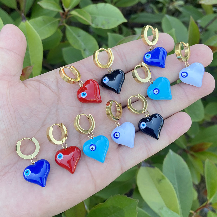 Einfache Teufelsauge-Ohrringe in Herzform, Edelstahl, Emaille, vergoldet, baumelnd, 1 Paar