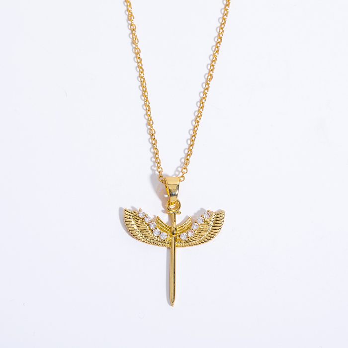 Hip-Hop Retro Wings Stainless Steel  Plating Inlay Zircon 18K Gold Plated Pendant Necklace