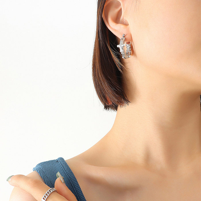 Retro Geometric U-shaped Inlaid Pearl Zircon Stainless Steel Earrings