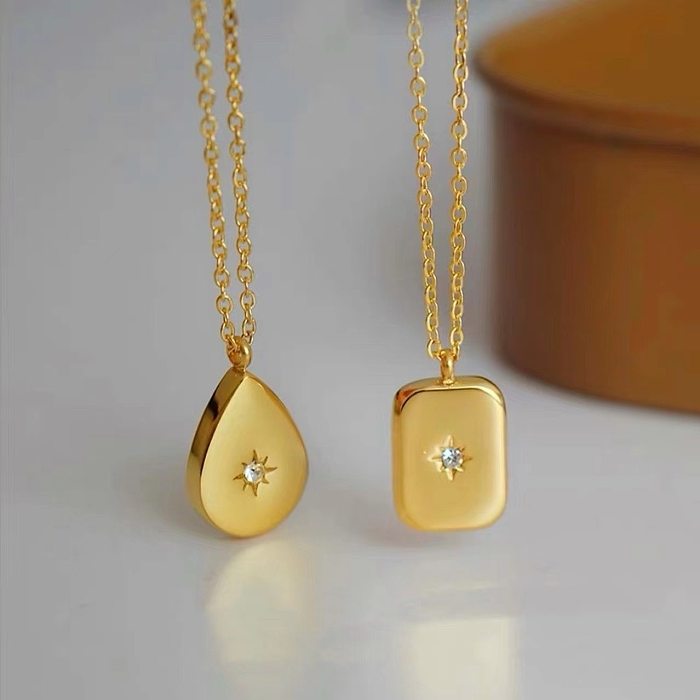 Simple Style Commute Square Water Droplets Stainless Steel Plating Inlay Zircon Pendant Necklace 1 Piece