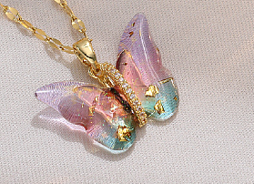 Sweet Butterfly Stainless Steel Inlay Zircon Pendants Pendant Necklace