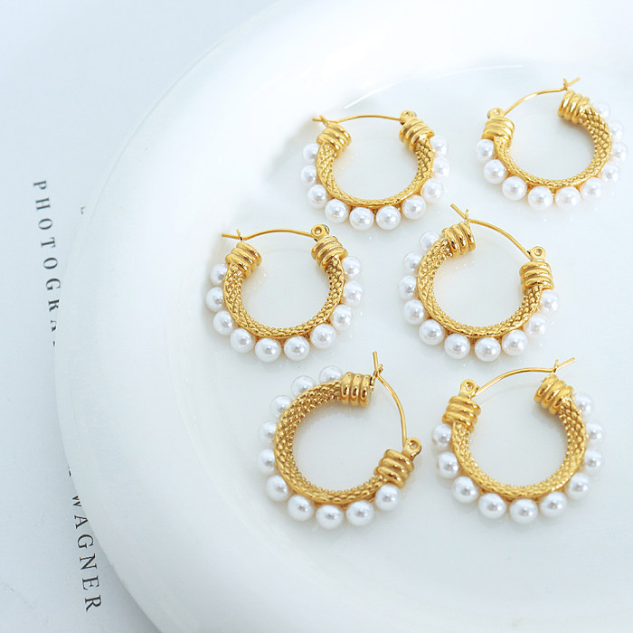 1 Pair Vintage Style C Shape Stainless Steel  Inlay Artificial Pearls 18K Gold Plated Earrings