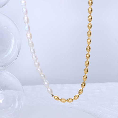 Einfache Retro-Halskette aus Edelstahl mit Süßwasserperle und Stahlkugel-Halskette