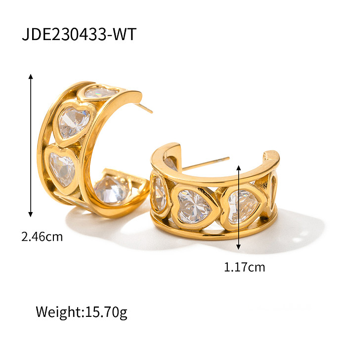1 Pair IG Style C Shape Heart Shape Plating Inlay Stainless Steel  Zircon 18K Gold Plated Ear Studs