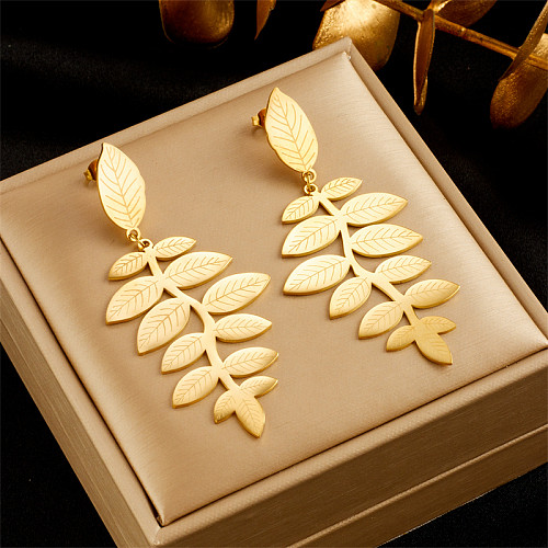 1 paire de boucles d'oreilles rétro plaquées feuilles en acier inoxydable plaqué or 18 carats