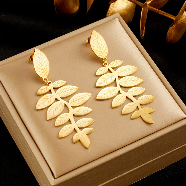 1 Pair Retro Leaves Plating Stainless Steel 18K Gold Plated Drop Earrings