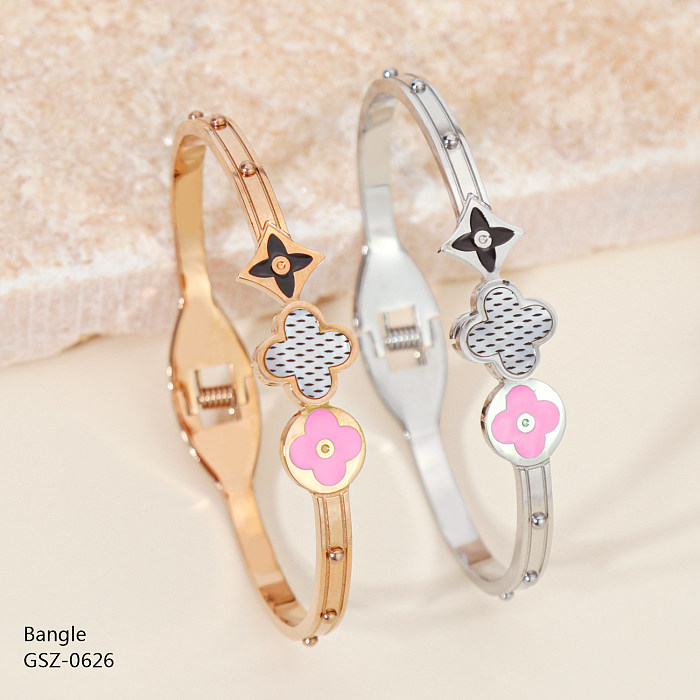 Simple Style Classic Style Four Leaf Clover Stainless Steel Epoxy Hollow Out Inlay Resin Rhinestones Rose Gold Plated Gold Plated Silver Plated Bangle