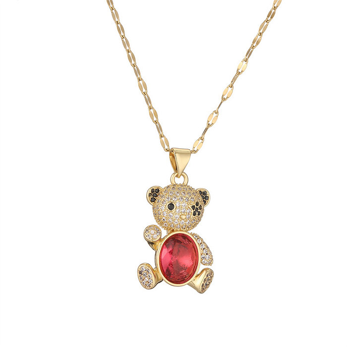 IG Style Simple Style Animal Little Bear Edelstahl Kupfer vergoldet Zirkon Anhänger Halskette in großen Mengen