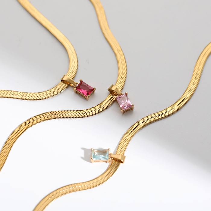Small Design Sense Edelstahl-Halskette mit geometrischem quadratischem Zirkon, kleine quadratische Diamant-Halskette, 3 mm breite, flache Schlangenkette, Pulloverkette
