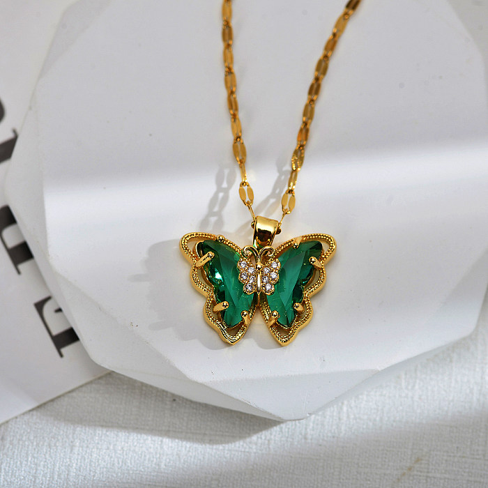 Sweet Butterfly Stainless Steel Copper Inlay Zircon Pendant Necklace
