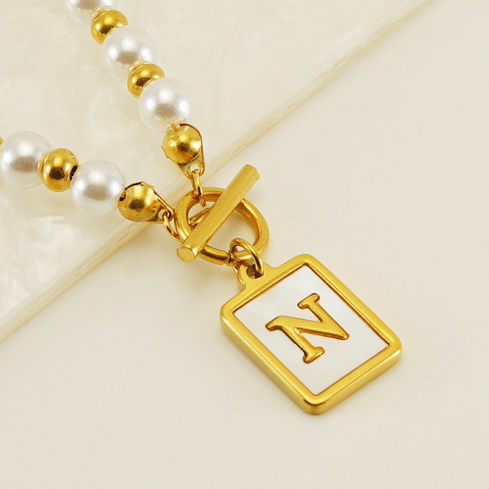 Elegant French Style Letter Stainless Steel  Pearl Plating Inlay Shell 18K Gold Plated Pendant Necklace