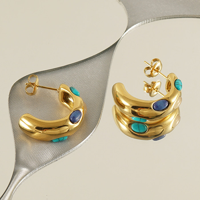 1 Pair Classical Romantic C Shape Stainless Steel  Inlay Turquoise 18K Gold Plated Ear Studs