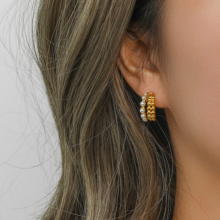 Boucles d'oreilles géométriques en acier inoxydable pour femmes, placage de perles, boucles d'oreilles en acier inoxydable