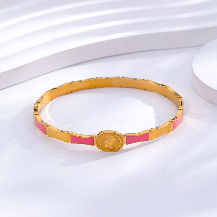 Simple Style Classic Style Human Round Number Titanium Steel Epoxy Plating Inlay Opal Zircon 24K Gold Plated Bangle