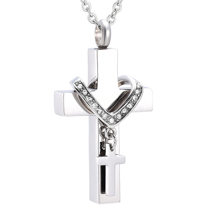 Collier pendentif en diamant artificiel avec incrustation de placage en acier inoxydable Punk Cross