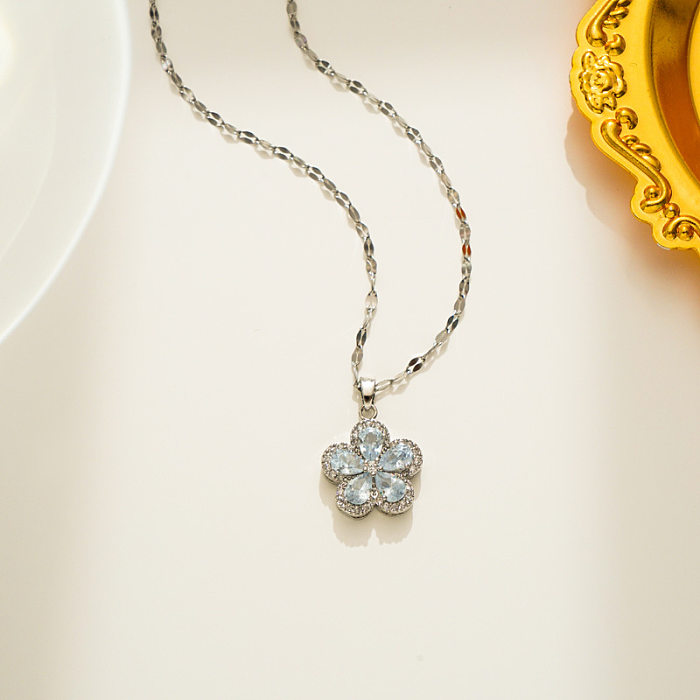 Elegant Flower Stainless Steel Inlay Zircon Pendant Necklace