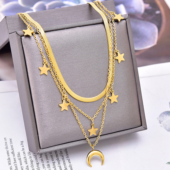 Fashion Star Moon Stainless Steel Plating Zircon Layered Necklaces 1 Piece