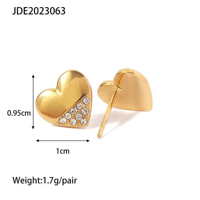 Süße herzförmige Edelstahl-Ohrstecker mit vergoldetem künstlichem Diamant, 1 Paar
