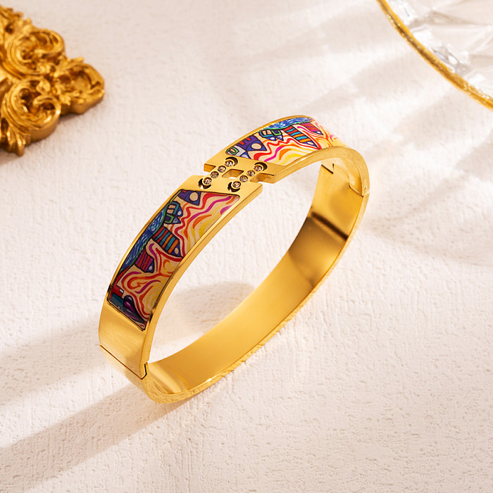 INS Style Ethnic Style Printing Stainless Steel Enamel Plating 18K Gold Plated Bangle