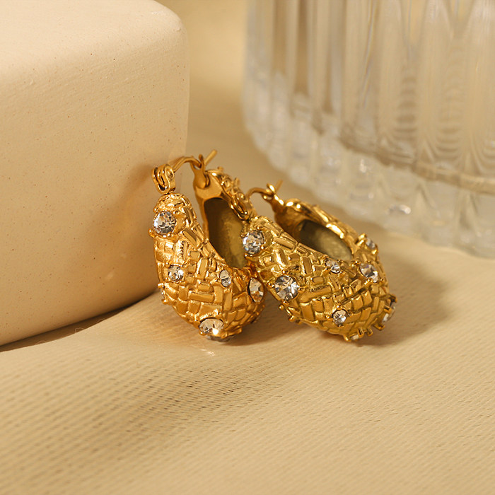 1 Pair Vintage Style Solid Color Plating Inlay Stainless Steel  Rhinestones 18K Gold Plated Hoop Earrings