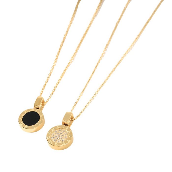 Simple Style Round Stainless Steel Inlay Rhinestones 14K Gold Plated Pendant Necklace