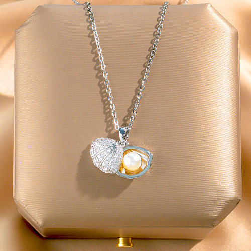 Collier avec pendentif en Zircon et perles, décontracté, coquille de plage, placage en acier inoxydable, incrustation de perles