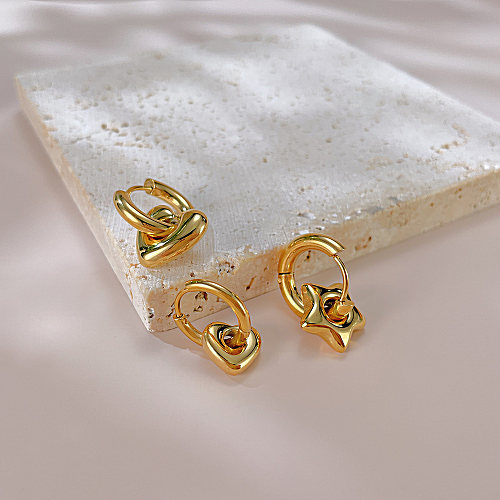 1 paire de boucles d'oreilles pendantes en acier inoxydable plaqué or, Style Simple, en forme d'étoile et de cœur
