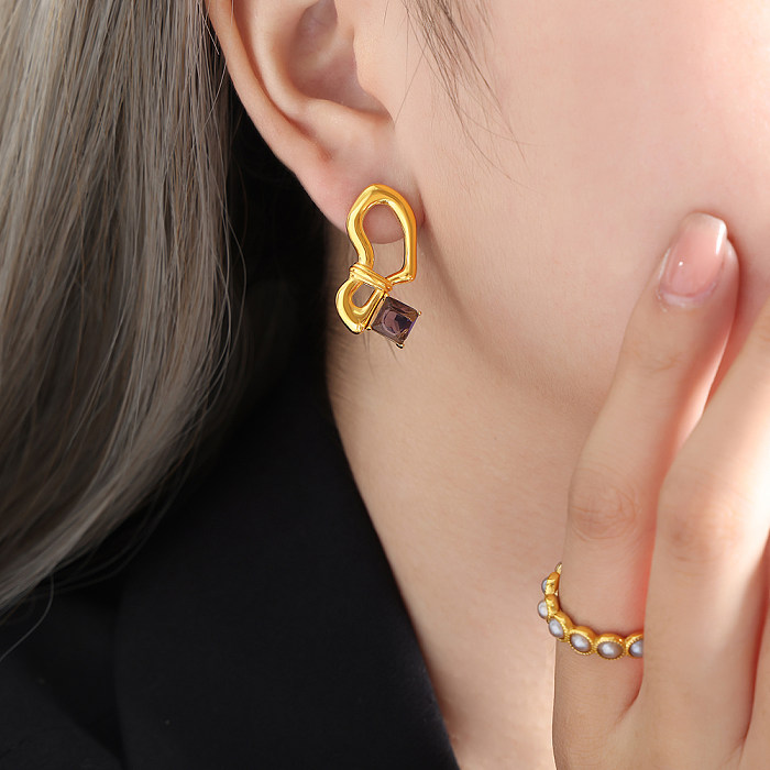 1 paire de boucles d'oreilles élégantes et luxueuses pour femmes, incrustation asymétrique géométrique en acier inoxydable et Zircon plaqué or 18 carats