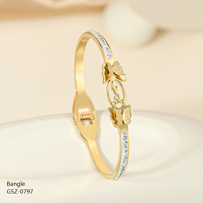 Simple Style Butterfly Stainless Steel Plating Inlay Rhinestones Rose Gold Plated Gold Plated Bangle