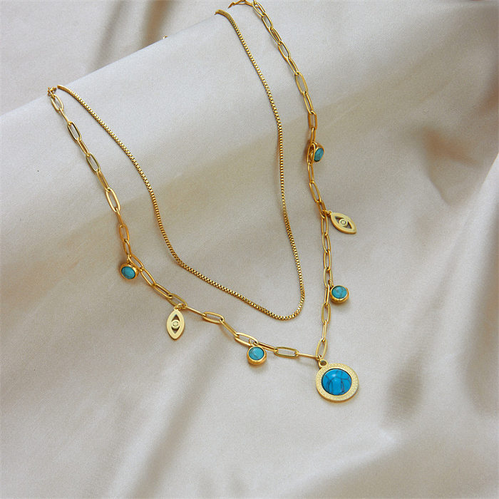 Mehrschichtige Halsketten im Vintage-Stil mit rundem Auge, Edelstahl-Emaille-Beschichtung, Türkis, 18 Karat vergoldet