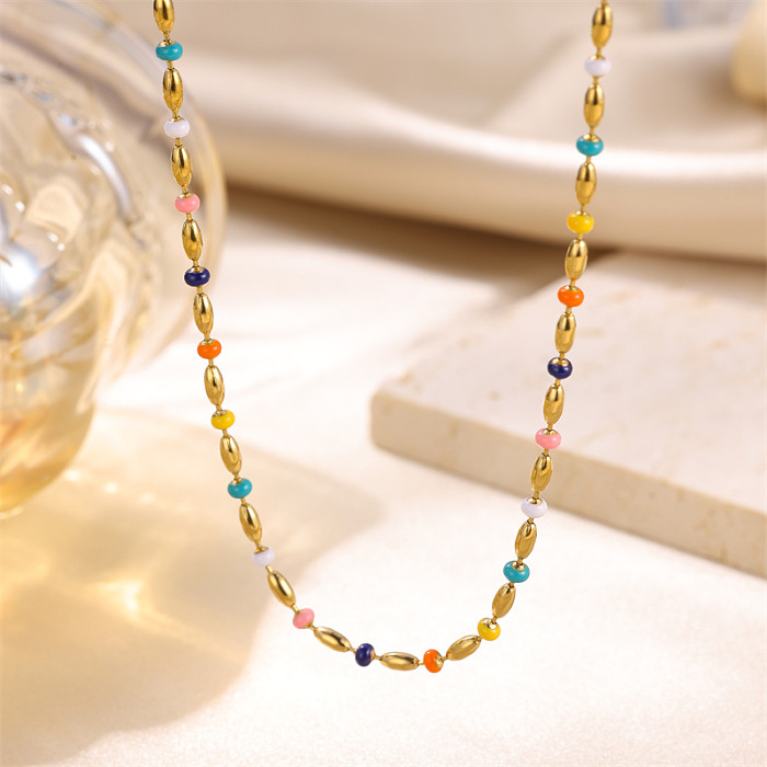 Luxurious Solid Color Stainless Steel  Enamel Plating Inlay Zircon 18K Gold Plated Necklace