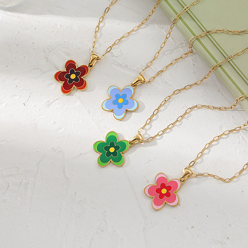 Sweet Flower Stainless Steel Enamel Pendant Necklace