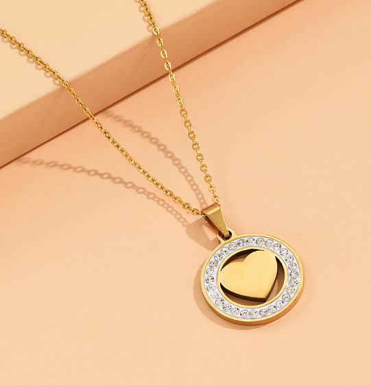 Fashion Round Heart Shape Stainless Steel  Inlay Rhinestones Pendant Necklace 1 Piece