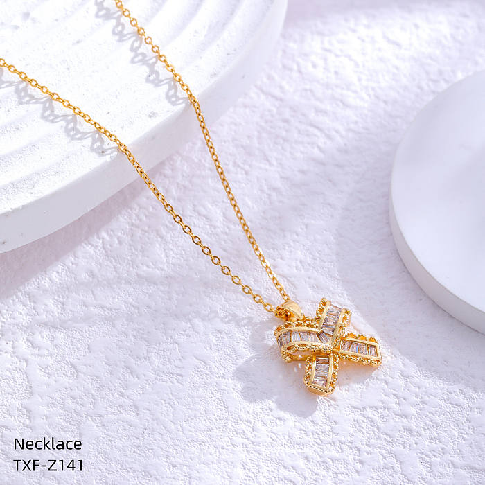 Simple Style Butterfly Bow Knot Stainless Steel  Inlay Rhinestones Zircon Gold Plated Pendant Necklace
