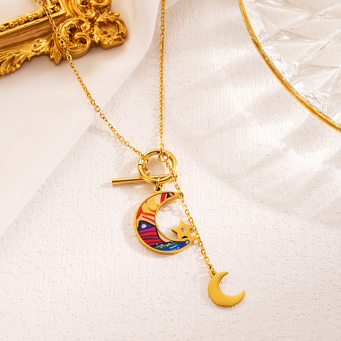 Ins estilo artístico lua coração forma flor aço inoxidável esmalte chapeamento incrustação zircão 18k colar pingente banhado a ouro