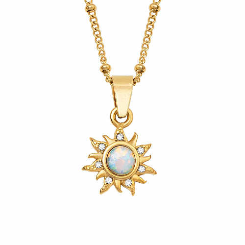 Casual Retro Round Sun Stainless Steel  Plating Inlay Opal 18K Gold Plated Pendant Necklace