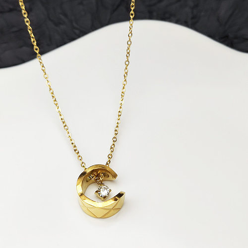 Casual Simple Style C Shape Lingge Stainless Steel Plating Inlay Zircon Pendant Necklace
