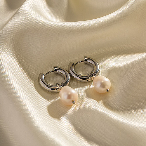 1 paire de boucles d'oreilles géométriques élégantes en acier inoxydable, plaquées perles d'eau douce, plaquées or 18 carats