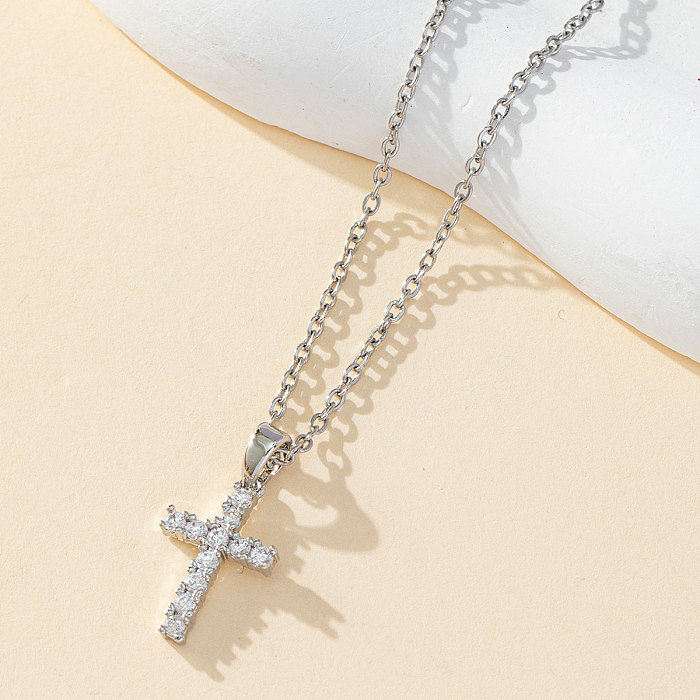 Elegant Luxurious Cross Stainless Steel  Plating Inlay Zircon Gold Plated Silver Plated Pendant Necklace