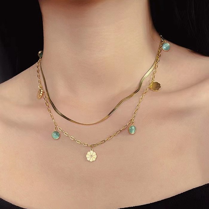 Elegant Lady Flower Stainless Steel Plating Inlay Turquoise Layered Necklaces
