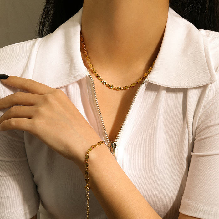 Fashion Handmade Flower Oval Petal Chain Gold-plated Stainless Steel Bracelet