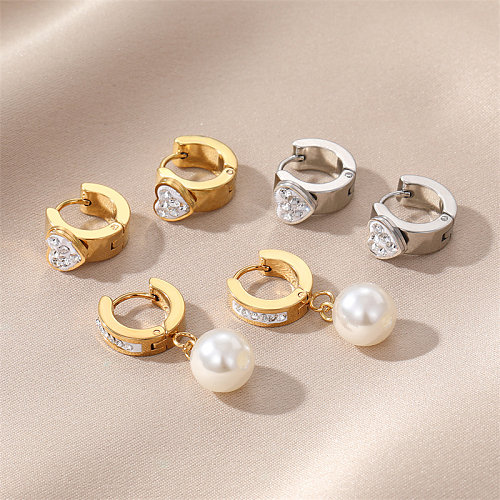 1 par de pendientes colgantes de circón con incrustaciones de perlas artificiales de acero inoxidable con forma de corazón redondo elegante