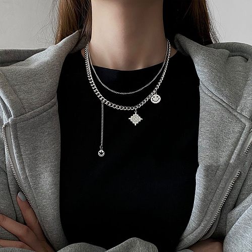 Hip-Hop Punk Geometric Smiley Face Stainless Steel Layered Necklaces