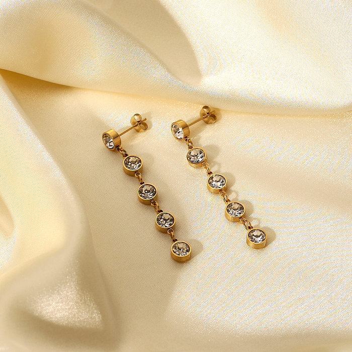 Vintage 14K Gold Plated Stainless Steel  Set Five Round Zircon Tassel Earrings