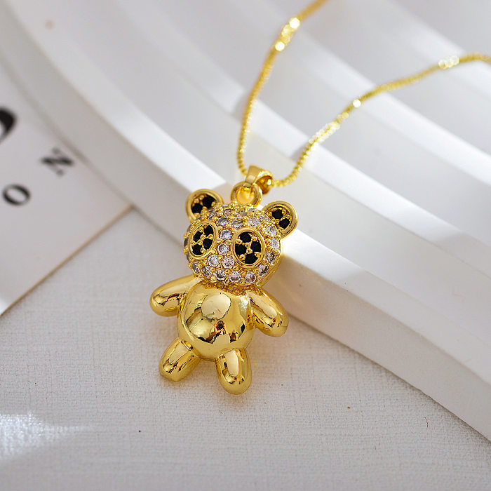 Estilo simples Panda chapeamento de aço inoxidável inlay zircão obsidiana colar pingente banhado a ouro 18K